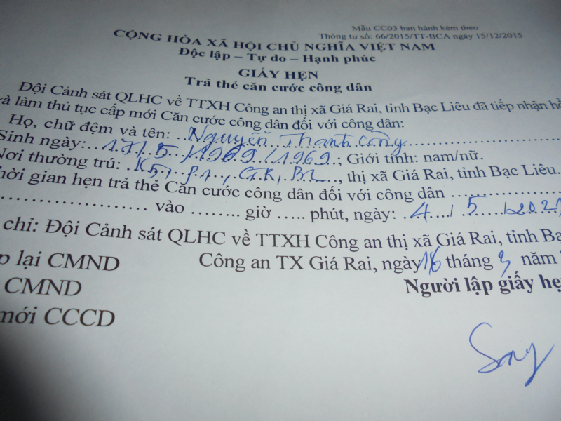 THỜI HẠN KỲ LẠ KHI LÀM THỦ TỤC CẤP CĂN CƯỚC GẮN CHÍP